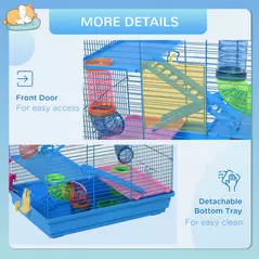 PawHut Hamster Cage, 5 Tier Carrier Habitat with Exercise Wheels Tunnel Tube Water Bottle Dishes House Ladder, Gerbil Cage for Dwarf Mice, Blue - 7