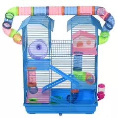 PawHut Hamster Cage, 5 Tier Carrier Habitat with Exercise Wheels Tunnel Tube Water Bottle Dishes House Ladder, Gerbil Cage for Dwarf Mice, Blue - 8