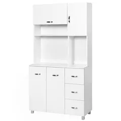 HOMCOM Kitchen Cupboard, 183cm Tall Storage Cabinet with Countertop, Sideboard with 3 Small Drawers, Flip Up Top Door, 3 Cabinet Doors and Open Shelves, 100W x 39.5D x 183.5H cm, White - 1