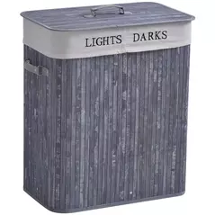 HOMCOM 100L Collapsible Natural Wood  Laundry Hamper Organizer Clothes Washing Basket Bin Storage Box w/Lid Removable Lining 52x32x63cm, Grey - 1