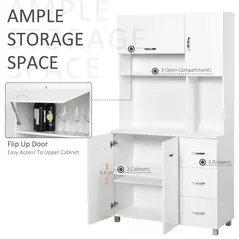 HOMCOM Kitchen Cupboard, 183cm Tall Storage Cabinet with Countertop, Sideboard with 3 Small Drawers, Flip Up Top Door, 3 Cabinet Doors and Open Shelves, 100W x 39.5D x 183.5H cm, White - 4