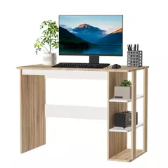 HOMCOM Computer Desk, Writing Desk with 3-Tier Storage Shelf, Work Table for Home Office, Study, Living Room, Oak and White - 1