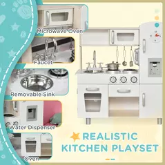HOMCOM Kids Wooden Pretend Play Toy Kitchen Cooking Set Role Play Phone for Boys Girls White - 4