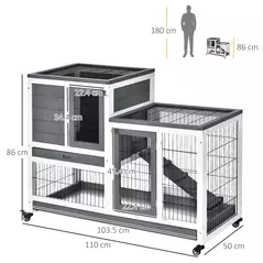 PawHut Wooden Indoor Rabbit Hutch Guinea Pig House Bunny Small Animal Cage W/ Wheels Enclosed Run 110 x 50 x 88 cm, Grey - 3