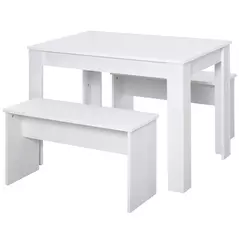 HOMCOM Kitchen Dining Table and 2 Benches Set, Table and Chairs Set for Limited Space, White - 1
