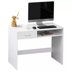 HOMCOM Compact Computer Desk, Study Table with Drawer and Storage Compartment, Writing Workstation, White - 1