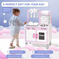 HOMCOM Kids Pretend Kitchen Playset w/ Cooking Toy Accessories - Pink - 4