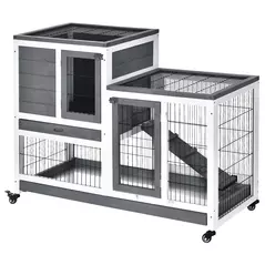 PawHut Wooden Indoor Rabbit Hutch Guinea Pig House Bunny Small Animal Cage W/ Wheels Enclosed Run 110 x 50 x 88 cm, Grey - 1