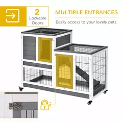 PawHut Wooden Indoor Rabbit Hutch Guinea Pig House Bunny Small Animal Cage W/ Wheels Enclosed Run 110 x 50 x 88 cm, Grey - 5