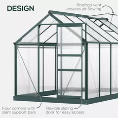 Outsunny 6 x 10ft Polycarbonate Greenhouse, Large Walk-In Green House with Slide Door and Window, Garden Plants Grow House with Aluminium Frame and Foundation, Dark Green - 4