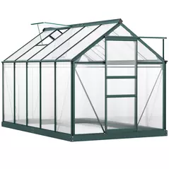 Outsunny 6 x 10ft Polycarbonate Greenhouse, Large Walk-In Green House with Slide Door and Window, Garden Plants Grow House with Aluminium Frame and Foundation, Dark Green - 1