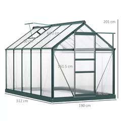 Outsunny 6 x 10ft Polycarbonate Greenhouse, Large Walk-In Green House with Slide Door and Window, Garden Plants Grow House with Aluminium Frame and Foundation, Dark Green - 3