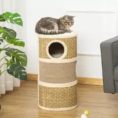 PawHut Cat Scratching Barrel Kitten Tree Tower for Indoor Cats Pet Furniture Climbing Frame Covered with Sisal and Seaweed Rope Cozy Platform Soft Plush - 8