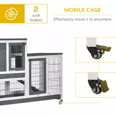 PawHut Wooden Indoor Rabbit Hutch Guinea Pig House Bunny Small Animal Cage W/ Wheels Enclosed Run 110 x 50 x 88 cm, Grey - 7