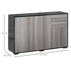 HOMCOM High Gloss Side Cabinet, Push-Open Design with 2 Drawers and 2 Cabinets for Living Room, 74H x 117W x 36Dcm, Light Grey and Black - 3