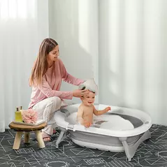 HOMCOM Foldable Baby Bathtub Set, Collapsible Bath Tub with Thermostatic Water Plug, Non-Slip Support, Cushion Pad, Drain Plugs, for Newborn to 3 Years - Offwhite - 2
