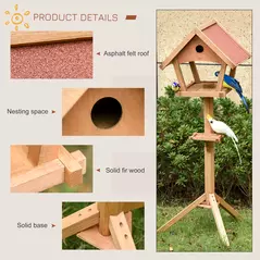 PawHut Wooden Bird Table Freestanding Feeding  Station for Garden Outside ,139H cm, Natural - 5