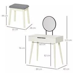 HOMCOM Modern Dressing Table with Round Mirror and Stool, Makeup Vanity Table with 2 Drawers for Bedroom, Living Room, 80 x 40 x 123 cm, White - 3