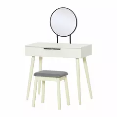HOMCOM Modern Dressing Table with Round Mirror and Stool, Makeup Vanity Table with 2 Drawers for Bedroom, Living Room, 80 x 40 x 123 cm, White - 2