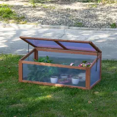Outsunny Wooden Cold Frame, Small Polycarbonate Greenhouse for Plants with Openable & Tilted Top Cover, Brown, 100 x 65 x 40cm - 2