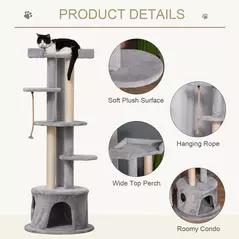 PawHut Cat Tree for Indoor Cats Kitten Tower Multi-level Activity Centre Pet Furniture with Scratching Post Condo Hanging Ropes Plush Perches Grey - 4