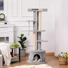 PawHut Cat Tree for Indoor Cats Kitten Tower Multi-level Activity Centre Pet Furniture with Scratching Post Condo Hanging Ropes Plush Perches Grey - 2