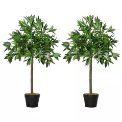 Outsunny Artificial Bay Laurel Topiary Trees w/ Pot Fake, Set Of 2 90cm/3FT Indoor Greenery Plant Home Office Garden Decor Green - 1