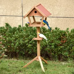 PawHut Wooden Bird Table Freestanding Feeding  Station for Garden Outside ,139H cm, Natural - 2