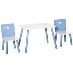 HOMCOM 3 Pcs Kids Table & Chairs Set w/ Wood Legs Safe Corners Cute Stars Seating Mini Furniture Home Playroom Bedroom Dining Room Blue - 1