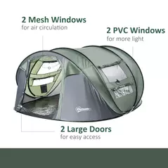 Outsunny 4 Person Pop-up Camping Tent Family Tent with Ground Sheet, 4 Windows and Portable Carry Bag for Beach Outdoor Trip, Dark Green - 7