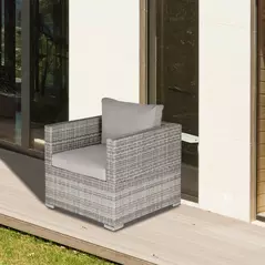 Outsunny Single Seater Rattan Chair Sofa with Padded Cushions, All-Weather PE Wicker Weave Garden Armchair with Armrests, Grey - 2