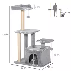 PawHut Cat Tree Tower for Indoor Cats 114cm Climbing Activity Centre Kitten with Sisal Scratching Post Perch Hanging Ball Condo Toy Light Grey - 3