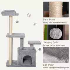 PawHut Cat Tree Tower for Indoor Cats 114cm Climbing Activity Centre Kitten with Sisal Scratching Post Perch Hanging Ball Condo Toy Light Grey - 5