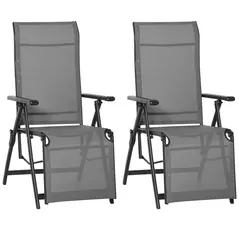 Outsunny Set of 2 Outdoor Sun Lounger 10-Position Adjustable Texteline Folding Reclining Chairs with Footrest for Patio Garden, Grey - 1