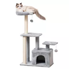 PawHut Cat Tree Tower for Indoor Cats 114cm Climbing Activity Centre Kitten with Sisal Scratching Post Perch Hanging Ball Condo Toy Light Grey - 1