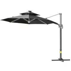 Outsunny 3m Cantilever Parasol w/ Solar Lights Power Bank Base 360° Spin Dark Grey - 1