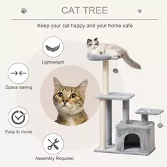 PawHut Cat Tree Tower for Indoor Cats 114cm Climbing Activity Centre Kitten with Sisal Scratching Post Perch Hanging Ball Condo Toy Light Grey - 4