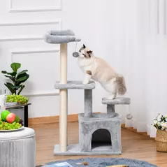 PawHut Cat Tree Tower for Indoor Cats 114cm Climbing Activity Centre Kitten with Sisal Scratching Post Perch Hanging Ball Condo Toy Light Grey - 9