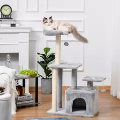 PawHut Cat Tree Tower for Indoor Cats 114cm Climbing Activity Centre Kitten with Sisal Scratching Post Perch Hanging Ball Condo Toy Light Grey - 2