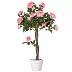 Outsunny Artificial Plants Pink Rose Floral in Pot, Fake Plants for Home Indoor Decor, 90cm - 2