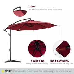 Outsunny Cantilever Umbrella Parasol Hanging Banana Steel Dark Green 3M Patio Wine Red - 5