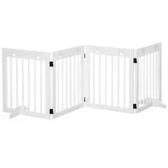 PawHut Freestanding Pet Gate 4 Panel Wooden Dog Barrier Folding Safety Fence with Support Feet up to 204cm Long 61cm Tall for Doorway Stairs White - 1