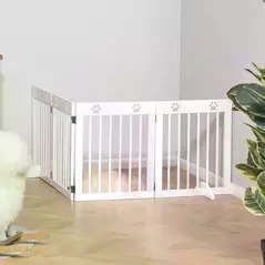 PawHut Freestanding Pet Gate 4 Panel Wooden Dog Barrier Folding Safety Fence with Support Feet up to 204cm Long 61cm Tall for Doorway Stairs White - 8