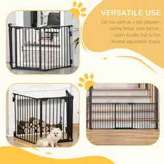 PawHut Pet Safety Gate, 3 Panels Playpen Fireplace, Foldable Metal Fence, Stair Barrier, Room Divider, Fire Guard w/ Automatic Closing Door, Black - 4