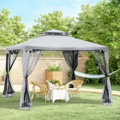 Outsunny 3 x 3 m Metal Gazebo, Garden Pavillion, Double Roof Outdoor Canopy Shelter with Mesh Sidewalls, Grey - 2