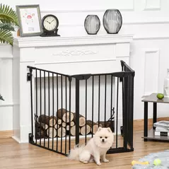 PawHut Pet Safety Gate, 3 Panels Playpen Fireplace, Foldable Metal Fence, Stair Barrier, Room Divider, Fire Guard w/ Automatic Closing Door, Black - 2