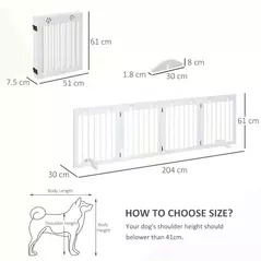 PawHut Freestanding Pet Gate 4 Panel Wooden Dog Barrier Folding Safety Fence with Support Feet up to 204cm Long 61cm Tall for Doorway Stairs White - 3