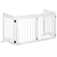 PawHut Freestanding Pet Gate 4 Panel Wooden Dog Barrier Folding Safety Fence with Support Feet up to 204cm Long 61cm Tall for Doorway Stairs White - 7