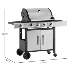 Outsunny Gas Barbecue Grill 4+1 Burner Garden Smoker BBQ Trolley w/ Side Burner Warming Rack Side Shelves Storage Cabinet Piezo Ignition Thermometer Stainless Steel + Metal - 3