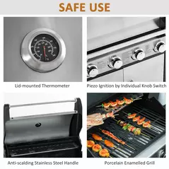 Outsunny Gas Barbecue Grill 4+1 Burner Garden Smoker BBQ Trolley w/ Side Burner Warming Rack Side Shelves Storage Cabinet Piezo Ignition Thermometer Stainless Steel + Metal - 6
